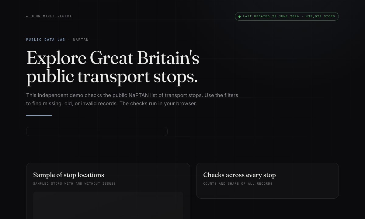 A browser tool checking public transport-stop data